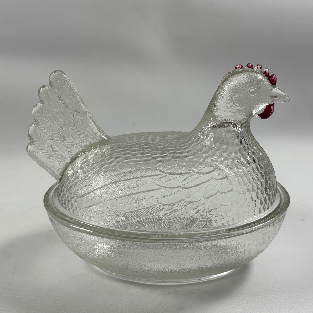 Vintage Indiana Hen on Nest Textured Clear Glass Covered Dish Red Paint Flaws